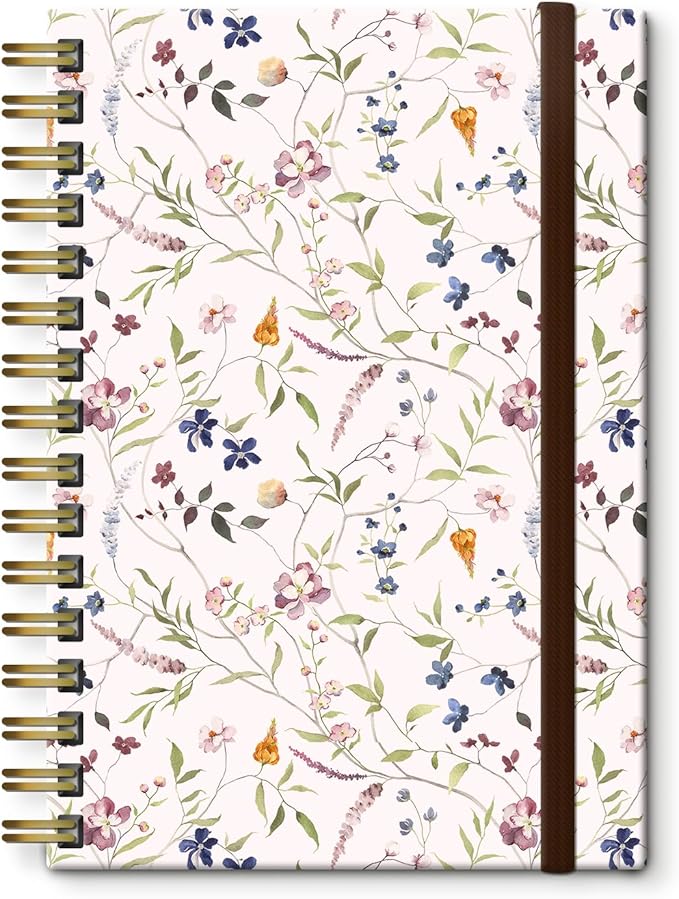 Spiral Journal Notebook, A5 Cute Notebooks for Women Men, College Ruled Hardcover Notebook for Work & Note Taking, 60 Pages Double-Wire Journals for Writing, Colorful Flower Branch