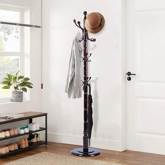 Wooden Coat Rack Freestanding, Vintage Coat Racks with Sturdy Round Base, Adjustable Height 37.40"-72.83" Entrance Coat Rack for Bedroom Living Room Entryway (Rosewood Ruyi Hook)