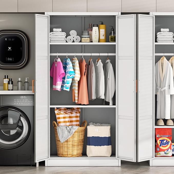 Greenvelly Metal Wardrobe Cabinet with Wooden Handle, 72" Metal Wardrobe Closet with Hanging Rods and Adjustable Shelves, Clothing Storage Closet Cabinet for Home, Office, Employee, Gym (White)