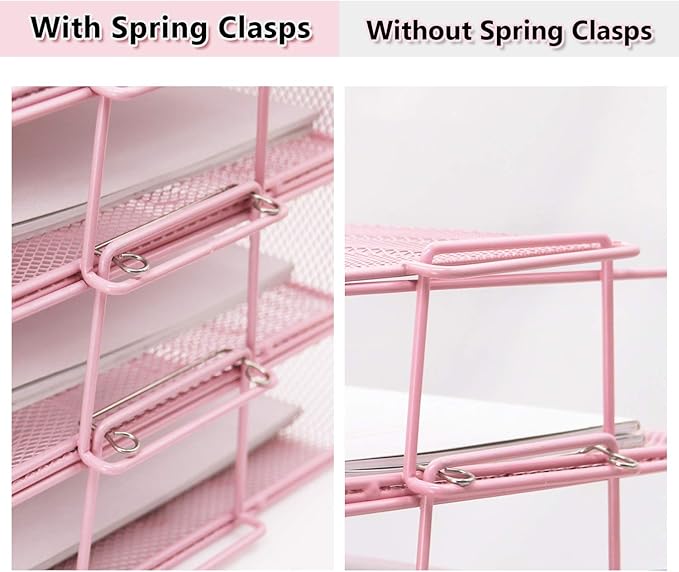 LUCYCAZ Desk Organizer - Stackable Paper Tray, 4 Tier Pink Letter Tray, 5 Trays Metal Paper Organizer for Desk, File Organizer for School Home and Office