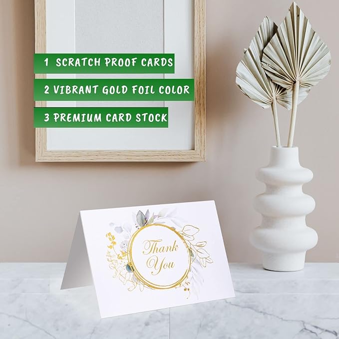 100 Bulk Thank You Cards with Envelopes White and Greenery Gold Foil β Floral watercolor Cards Thank You Notes with Envelopes and Eucalyptus leaves for Wedding Bridal Baby Shower Graduation Fune