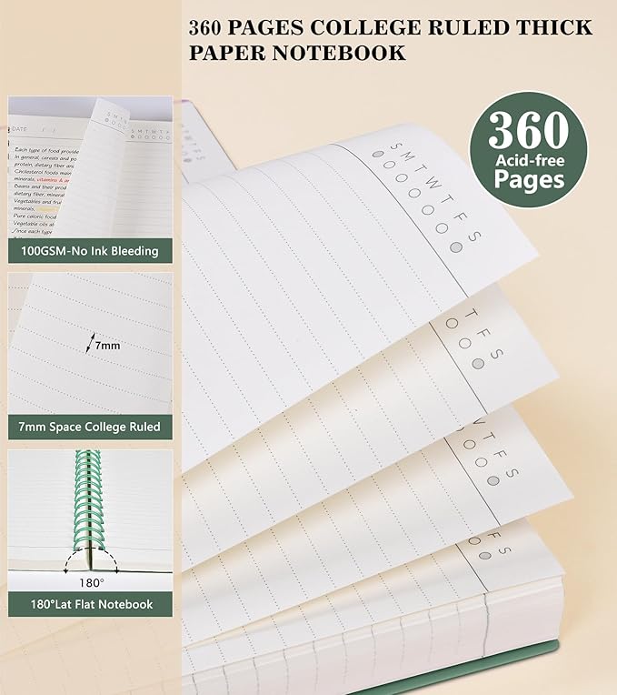 Spiral Notebook Journal,360 Pages College Ruled Notebook, Lined Thick Journals for Women Men,A5 Thick Spiral Journal for Writing,100GSM Paper, Spiral Notebooks for Work School 5.5"x8.5" Green