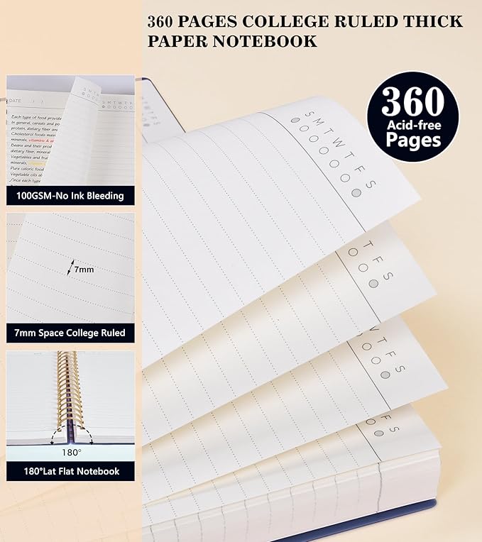 Spiral Notebook Journal College Ruled 8.5''x 11'', 360 Pages Lined Thick Journals for Women Men, A4 Large Spiral Notebooks with 100GSM Paper, Spiral Journaling for Writing Work, School Blue