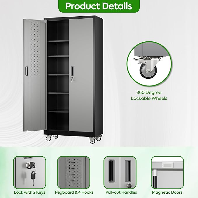 Aobabo Upgraded Garage Storage Cabinets with Wheels,Metal Storage Cabinets with 5 Adjustable Shelves for Garage Home Office Storage, Black&Dark Grey,71''H*32''W*16''D,Assembly Required