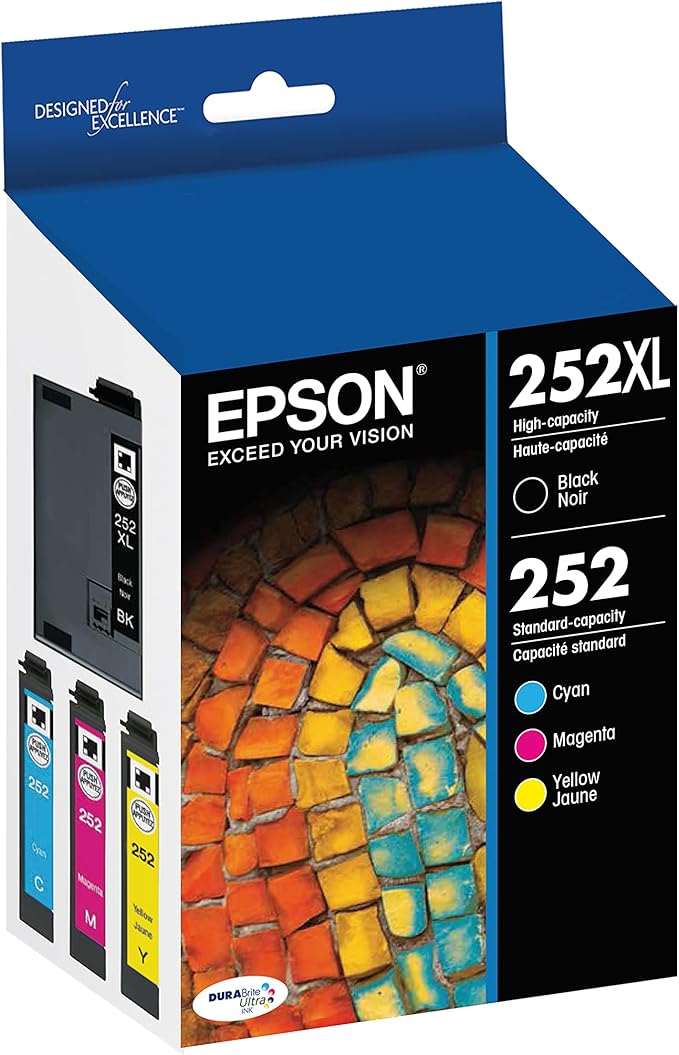 Epson® Workforce® Pro WF-4820 Wireless Color Inkjet All-in-One Printer, Black, Large & T252 DURABrite Ultra Ink High Capacity Black & Standard Color Cartridge Combo Pack (T252XL-BCS)