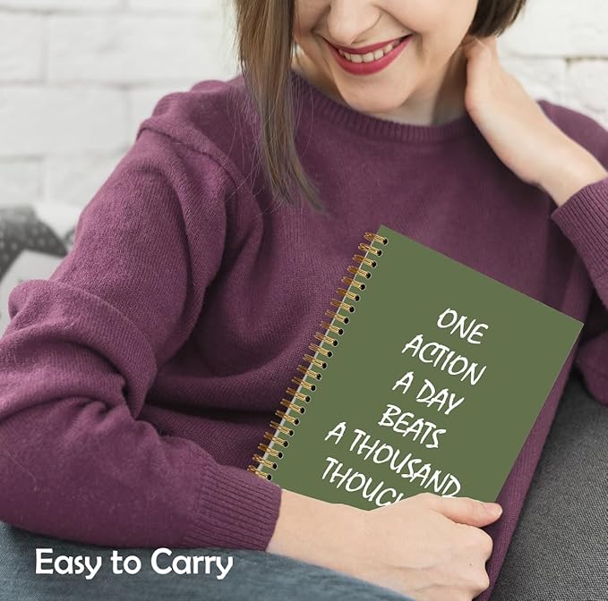 Green Inspirational Notebook, Motivational Journal, Positive Affirmation Journal for Women, One Action a Day Beats a Thousand Thoughts Hardcover Spiral Notebook, 5.5x8.3 Inch