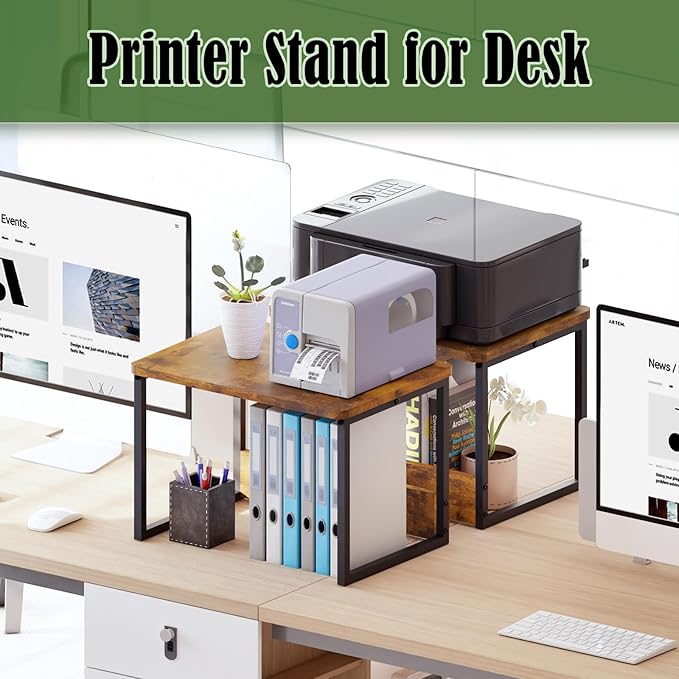 MARTY Desktop Printer Stand 2 Pack Printer Stand with Storage for Desk, Printer Shelf Desk Organzier for Home/Office Printer Riser Under Desk Small Table for Printer Fax Machine Scanner(Rustic Brown)