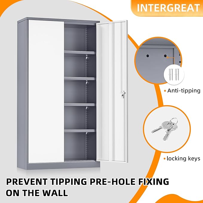 INTERGREAT Storage Cabinets with Doors and Shelves, 72“ Steel Tool Locking Cabinet, Metal Storage Cabinet for Home Office, Warehouse, School, Grey White