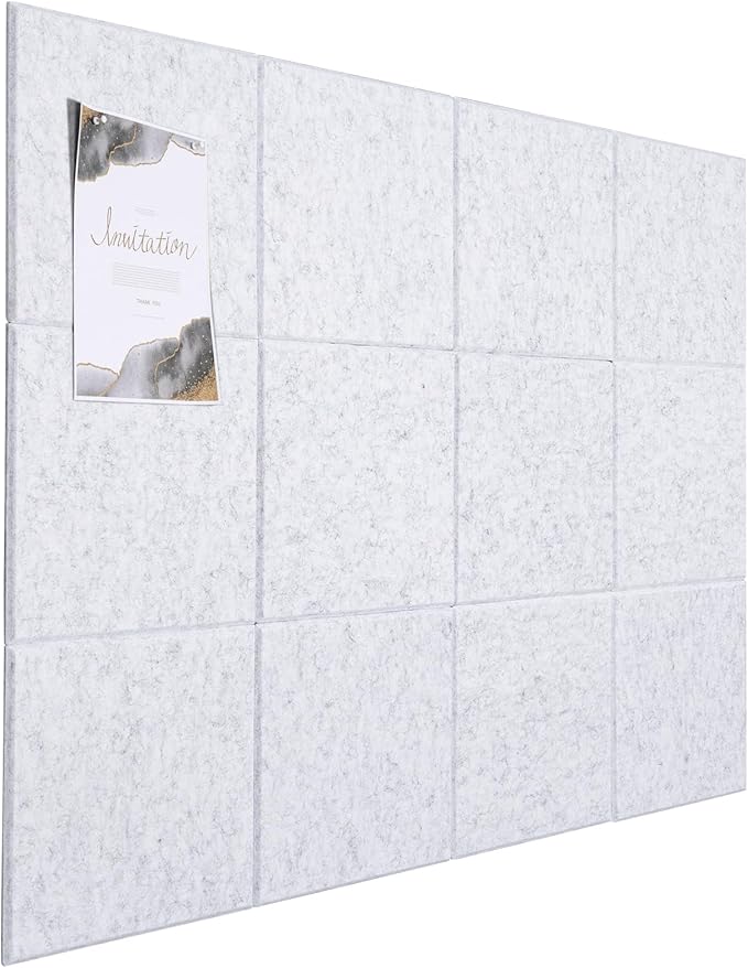 Large Cork Board Alternative, 12 Pack Felt Board with Safe Removable Adhesive Tabs Felt Wall Tiles, Large Cork Boards for Walls, Cork Board for Home Office, Pin Boards for Walls, Marble White