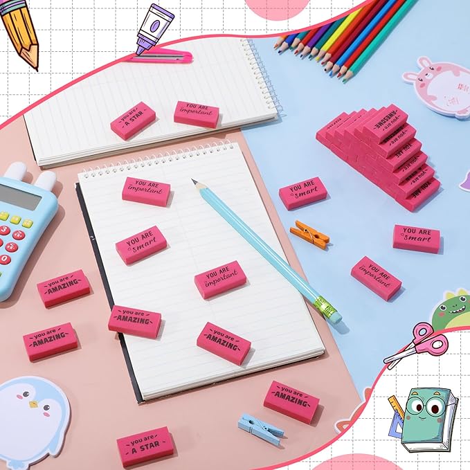 180 Pcs Inspirational Erasers for Kids Christian Pencil Erasers Bulk, Back-to-School Gifts Motivational and Cute Supplies for Students Classrooms, Drawing(Pink,Motivational)