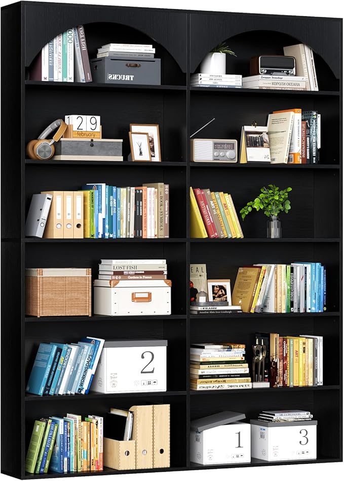 70.8’’ Tall Bookshelf and Bookcase, 7-Tier Double Wide Bookcase Modern Large Open Display Shelves with Curved Baffle for Home Office Living Room (Black)
