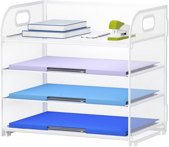 Marbrasse 4 Tier Paper Organizer Letter Tray, Mesh Desk File Organizer with Handle, Paper Sorter Organizer for Letter /A4 Office File Folder Holder(White, 12.6" x 9.1" x 10.7")