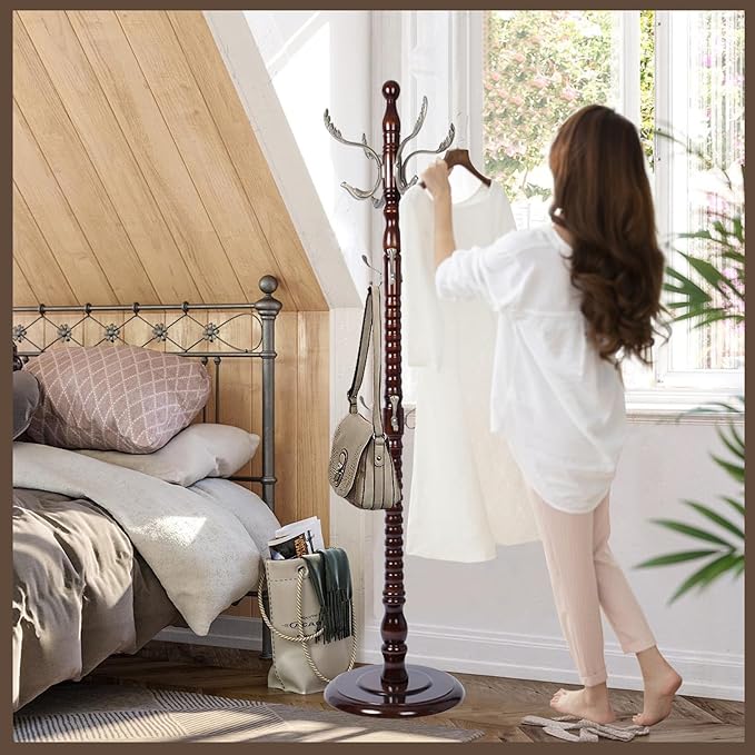 Wooden Coat Rack Freestanding, Vintage Coat Racks with Sturdy Round Base, Adjustable Height 37.40"-72.83" Entrance Coat Rack for Bedroom Living Room Entryway (Nostalgic)