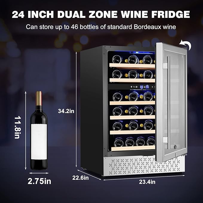 Tylza 24 Inch Dual Zone Wine Cooler Refrigerator, 46 Bottle Built-in or Freestanding, 24'' Wine Fridge with Stainless Steel & Professional Compressor and Temperature Memory Function