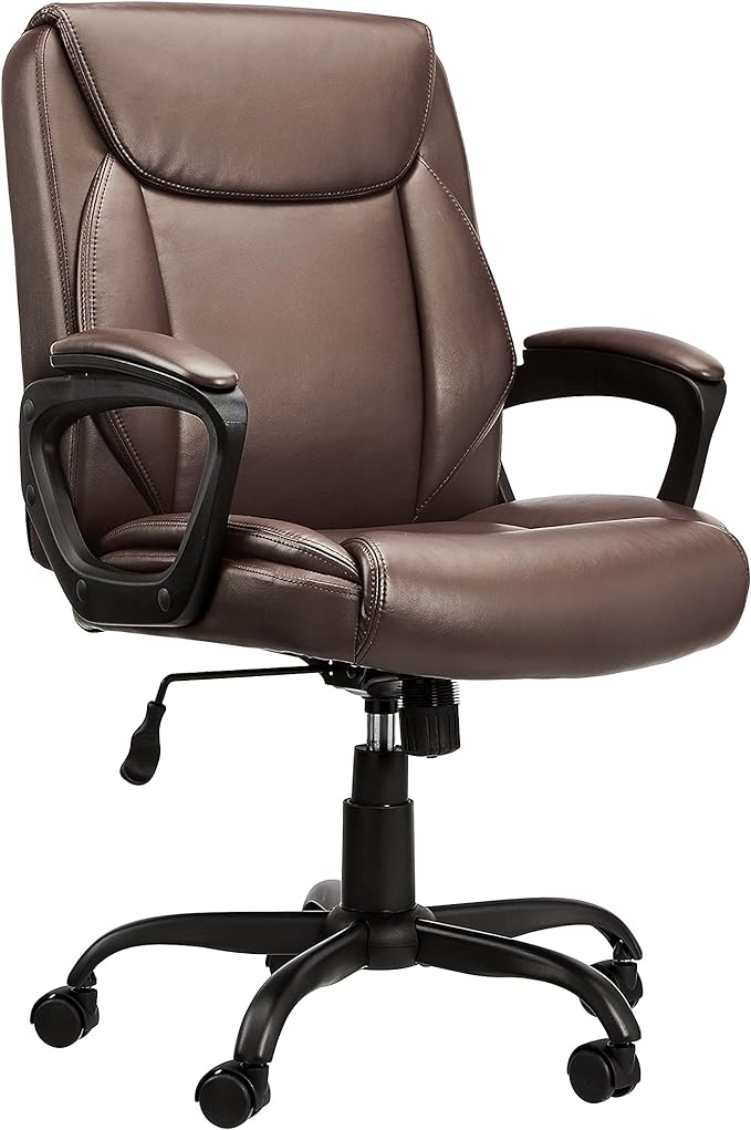 Amazon Basics Classic Puresoft PU Padded Mid-Back Height Adjustable Office Computer Desk Chair with Armrest, 25.75"D x 24.25"W x 42.25"H, Brown