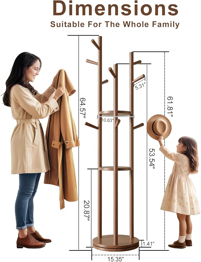 Solid Wood Rotary Coat Rack, Freestanding Coat Rack with 3 Shelves and 9 Hooks, Coat tree for Bedroom, Entryway, Livingroom, Coat Hanger Stand for Coats, Scarves, Handbags (Walnut)