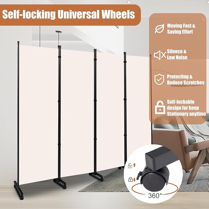 Room Divider Portable 88'' Partition Room Dividers and Folding Privacy Screens 4 Panel Wall Divider for Room Separation,Freestanding Fabric Room Divider Panel with Wheels for Home Office Hospital