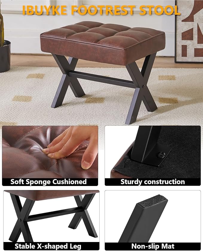 IBUYKE Small 12" H Footrest Stool, Square PU Foot Stool with Metal X-Leg, Multi-Use as Small Side Table, Step Stool for Living Room, Bedroom, Entryway, Office, Dark Brown WBD012Z