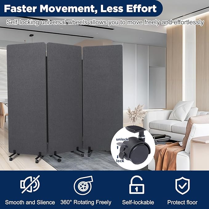 Sound Proof Dividers w/Wheels, Portable Office Wall Divider for Room Partition, Soundproof Room Divider Privacy Panel Partition Cubicle Wall Temporary Wall for Office (Dark, 3 Panel)