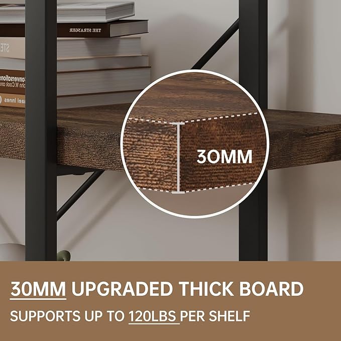 Heavy Duty 4-Tier Industrial Bookcase, 47" Wide Wood Bookshelf for Home Office, 120lbs Shelf Capacity, Rustic Open Shelving Display with Reinforced Horizontal Shelf for Living Room Bedroom