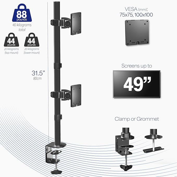 VIVO Dual Vertically Stacked Ultra-Wide Monitor Desk Mount for up to 49 inch Ultrawide Screens, Extra Tall Heavy Duty Adjustable Stand Holds 44 lbs Per Screen, Black, STAND-V202R
