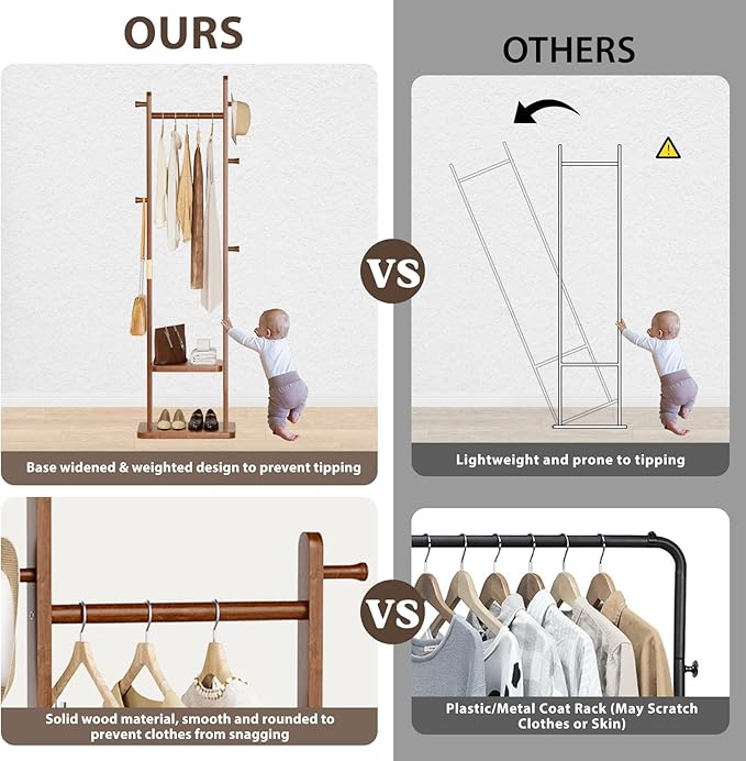 Solid Wood Coat Rack, Coat Rack Freestanding with 2 Shelves and 5 Hooks, Heavy Duty Coat Tree for Entryway,Living room,Coat Hanger Stand for Hats, Bags (Walnut Brown)