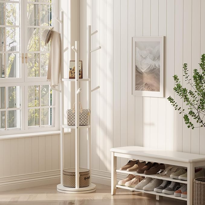 Solid Wood Rotary Coat Rack, Freestanding Coat Rack with 3 Shelves and 9 Hooks, Coat tree for Bedroom, Entryway, Livingroom, Coat Hanger Stand for Coats, Scarves, Handbags (White)