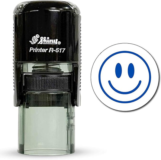 Shiny Smiley Face Teacher Stamp, Round Self Inking Stamp for Classroom, Blue Ink