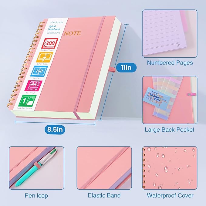 Spiral Notebook, 8.5” x 11” Notebooks for Work, 300 Numbered Pages College Ruled Notebook, Large Notebook for School with 24 Tabs, A4 Notebook Journal for Women Men, Thick Paper, Back Pocket, Black