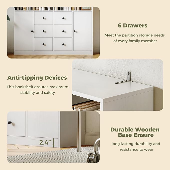 IRONCK 78.7" Bookcase with 6 Drawers, 6 Tier Large Bookshelf with 2 Doors, Large Bookcase with Adjustable Shelves, Tall Storage Cabinet for Home Office, Living Room, White