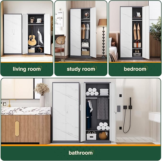 Letaya Wardrobe Closet, 72" H Clothing Storage Cabinet with Adjustable Shelves and Hanging Rod, Bedroom Armoire Clothes Organizer (White Gray)