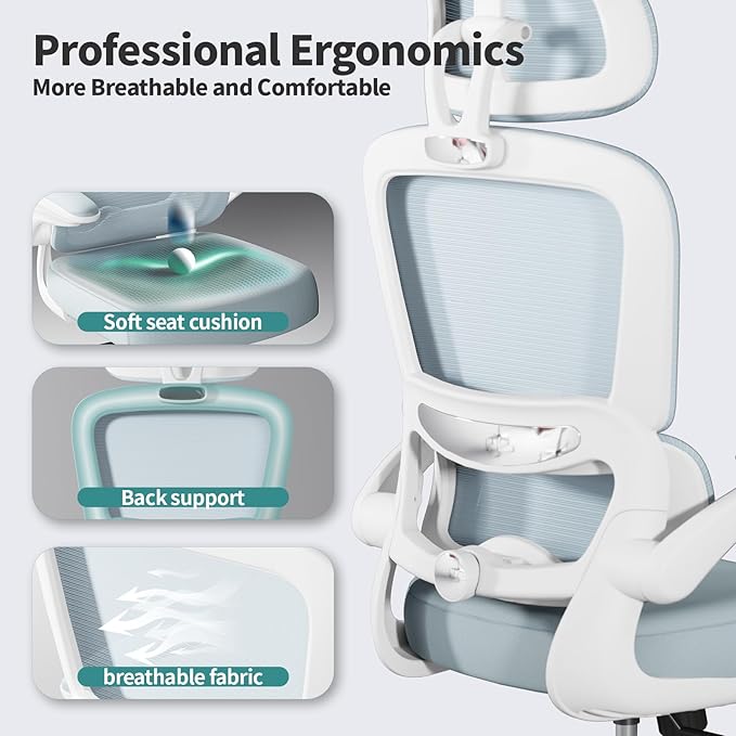 TRALT Office Chair Ergonomic Desk Chair, 330 LBS Home Mesh Office Desk Chairs with Wheels, Comfortable Gaming Chair, High Back Office Chair for Long Hours (Blue)