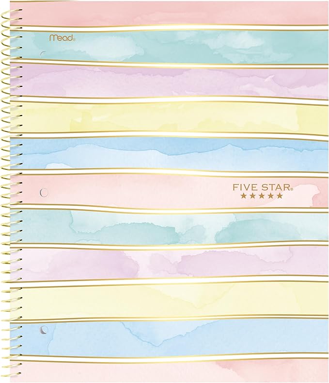 Five Star Spiral Notebook + Study App, 1 Subject, Wide Ruled, 8" x 10-1/2", 80 Sheets, Fights Ink Bleed, Water Resistant Cover, Pastel Stripes (930209F-ECM)