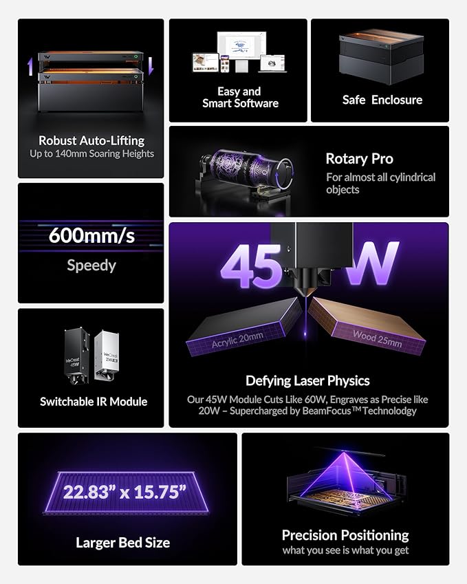 WECREAT Vision Pro 45W Laser Cutter and Engraver with Air Assist, HD Camera & Auto-Lifting, Laser Cutter Cuts 1” Wood, Full Enclosure Laser Engraving Machine for Wood and Metal, Acrylic, Leather etc