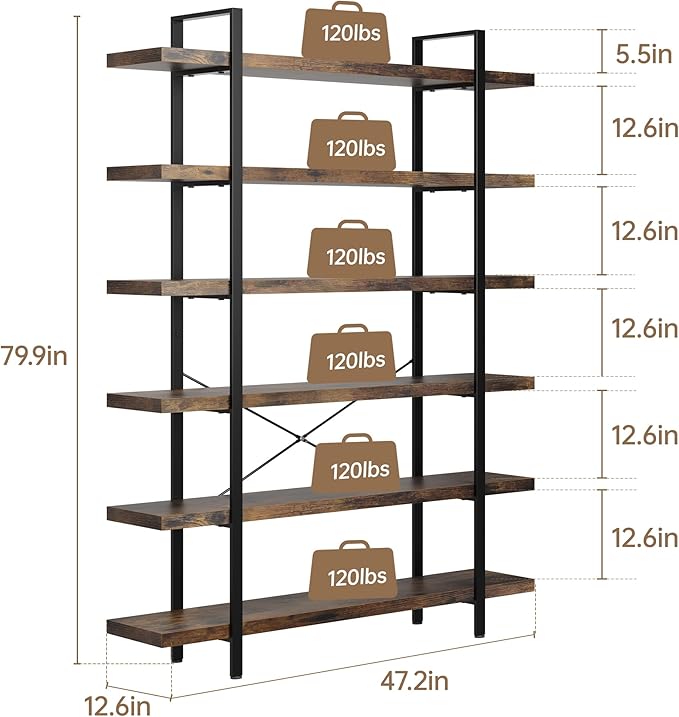Heavy Duty 6-Tier Industrial Bookcase, 47" Wide Wood Bookshelf for Home Office, 120lbs Shelf Capacity, Rustic Open Shelving Display with Reinforced Horizontal Shelf for Living Room Bedroom