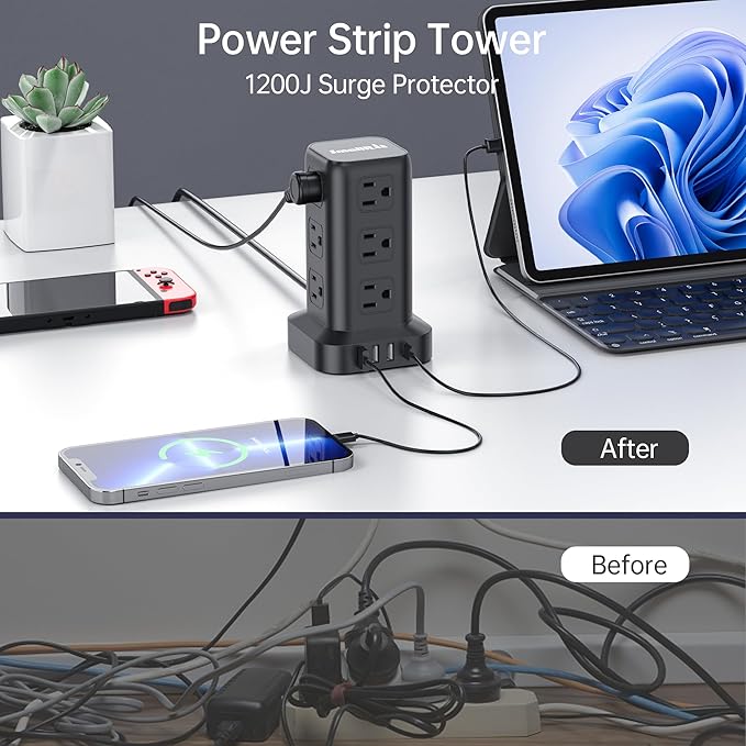 Surge Protector Power Strip Tower,10FT Extension Cord with Multiple Outlets, 12 AC 4 USB (1 USB C),Mini Power Strip with USB Ports, Surge Protector Tower Overload Protection for Office, Desk