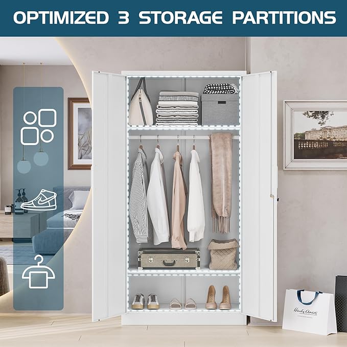 MIIIKO Metal Clothing Storage Locker, Steel Wardrobe Cabinets with Shelves and Hanging Rod, 72" Large Storage Locker Closet for Garments, Sports Equipment and Shoes
