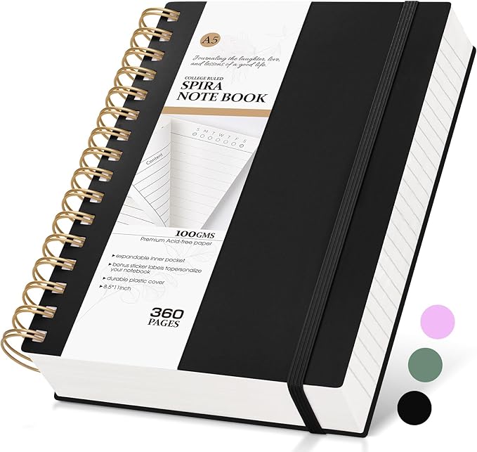 Spiral Notebook Journal, 360 Pages College Ruled Notebooks, Lined Thick Journals for Women Men, A5 Thick Spiral Writing Journaling with 100GSM Paper, Spiral Notebooks for Work School 5.5"x8.5" Black