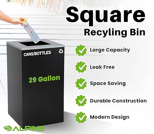 Alpine Commercial Indoor Recycle Bin - 29 Gallon Modern Looking Black Recycle Bin, Office Recycling Bins, Metal Trash and Recycling Container with Stickers & 3 Optional Lids (lid Sold Separately)