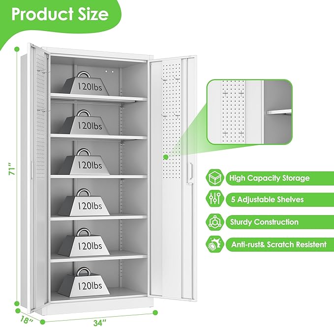 Aobabo Upgraded 71" H×34" W×18" D Metal Garage Storage Cabinet with Pegboards, Lockable Steel Cabinet with 5 Adjustable Shelves and 4 Hooks for Garage, Home, Office, White,Assembly Required