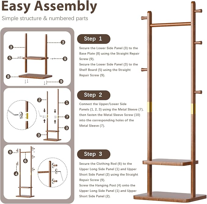 Solid Wood Coat Rack, Coat Rack Freestanding with 2 Shelves and 5 Hooks, Heavy Duty Coat Tree for Entryway,Living room,Coat Hanger Stand for Hats, Bags (Walnut Brown)