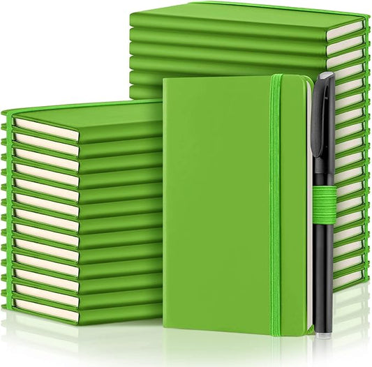 Laumoi 36 Sets Pocket Notebook Journals with Pens A6 Cute Small Journal Notebook Ruled Lined Mini Notepad Hardcover Executive Notebooks Set with Pen Holder for School Office, 3.7 x 5.7 Inch (Green)