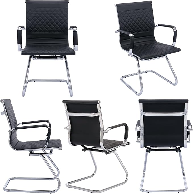 Office Guest Chairs - Set of 8 Modern PU Leather Mid Back Desk Chairs in Black