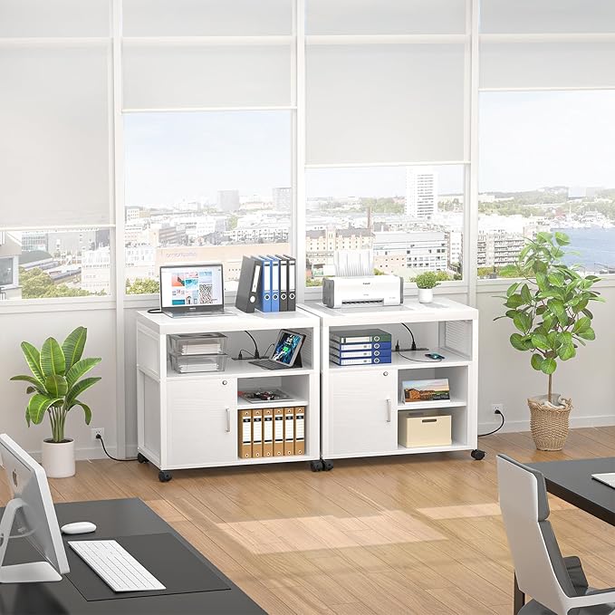 Unikito Rolling File Cabinet Lateral Office Filing Cabinets with Socket and USB Charging Port, Modern Printer Stand on Wheels, Printer Cabinet with Door and Open Storage, Lockable, White