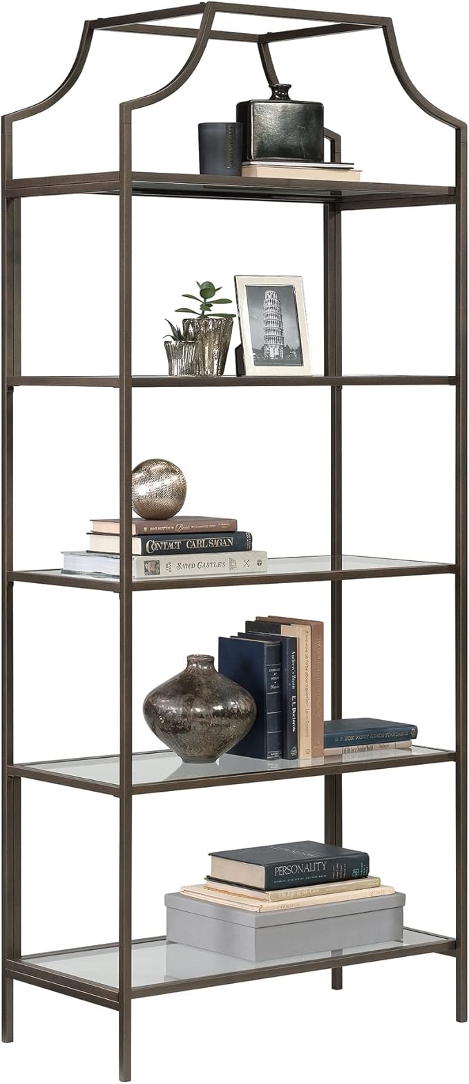 Sauder International Lux Book Shelf 5 Tier Modern Metal Multipurpose Bookcase with Glass Shelving, in a Bronze Finish