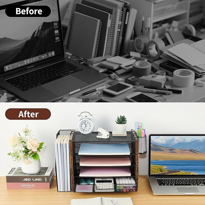 Wood Desk Organizers and Accessories with File Organizer, 5-Tier Paper Organizer with Drawer & Pen Holder, Office Desk Accessories, Workspace Desktop Storage for Office Supplies Organization(Brown)