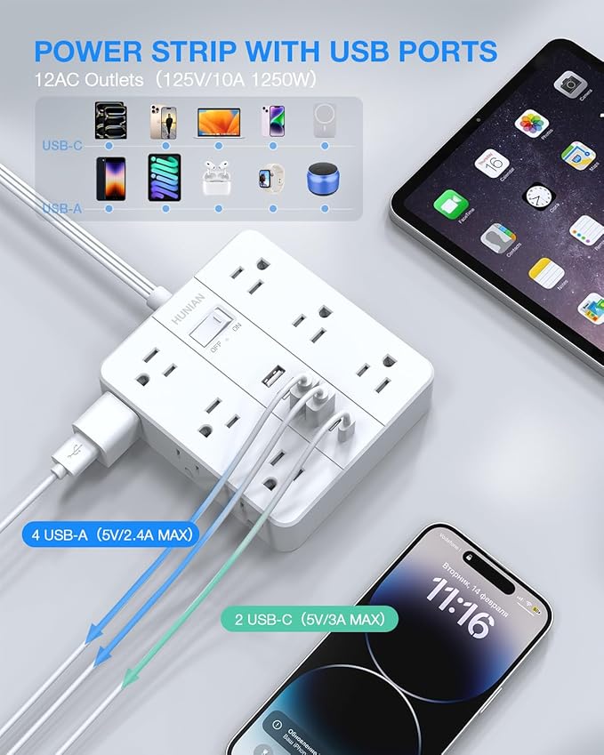 Flat Plug Power Strip Surge Protector, Flat Extension Cord Indoor 20 Feet, HUNIAN 12 Widely Spaced Outlets with 6 USB (2 USB C Ports), Desk Charging Station for Home Office Supplies, White