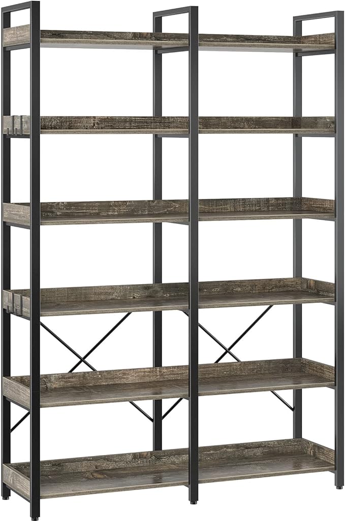 Seventable Bookshelf 6 Tier with 4 Hooks,67”Industrial Wooden Bookcase, Vintage Storage Rack with Open Shelves, Rustic Standing Bookshelves Metal Frame 43.3” Wide Display Rack, Gray
