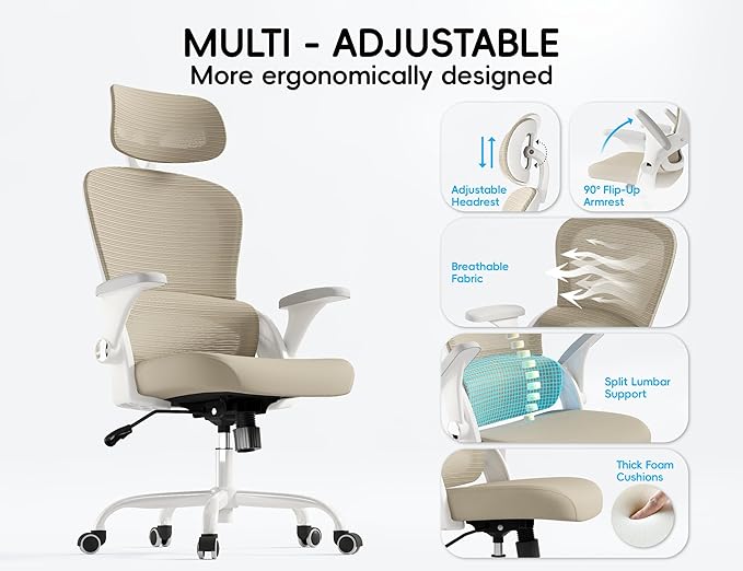 TRALT Office Chair - Ergonomic Office Chair with Back Support, Computer Chair - Home Office Desk Chairs, 330lbs Wide Seat Big and Tall Office Chairs with Headrest, Comfy Desk Chairs (Beige)