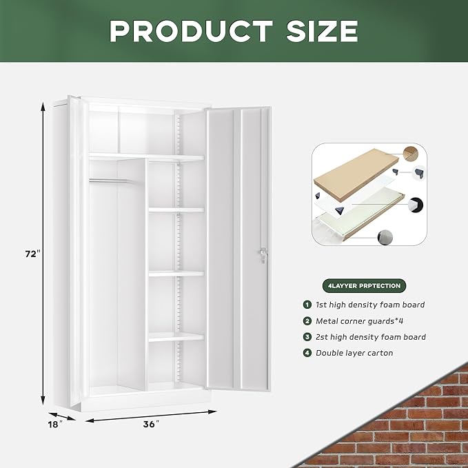 Greenvelly Metal Wardrobe Cabinet with Locking Doors, 72" H x 36" W White Metal Wardrobe Closet Cabinet with Hanging Rods and Adjustable Shelves, Steel Storage Closet for Home, Office, Employee, Gym